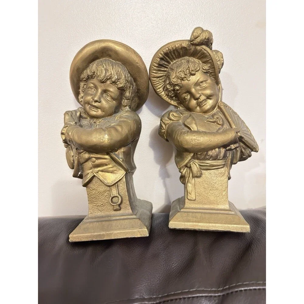 Vintage 1964 ESCO Products Chalkware Bookends Bust Set Boy & Girl E. Villanis